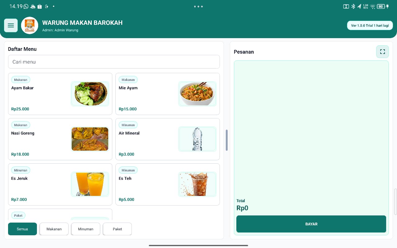 Dashboard kasir SIPAT dengan daftar menu dan panel pesanan